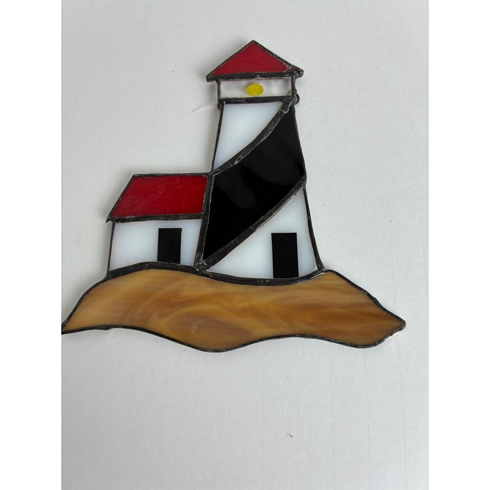 Suncatcher Lighthouse Sits on Sill Glass Handmade Red Roof White Black 5.5 x 5"